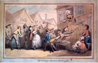 An 18th century watercolour illustration depiction a long line of disgruntled patients queuing outside his house. The doctor leans out of a top window and squirts them all with the contents of a syringe