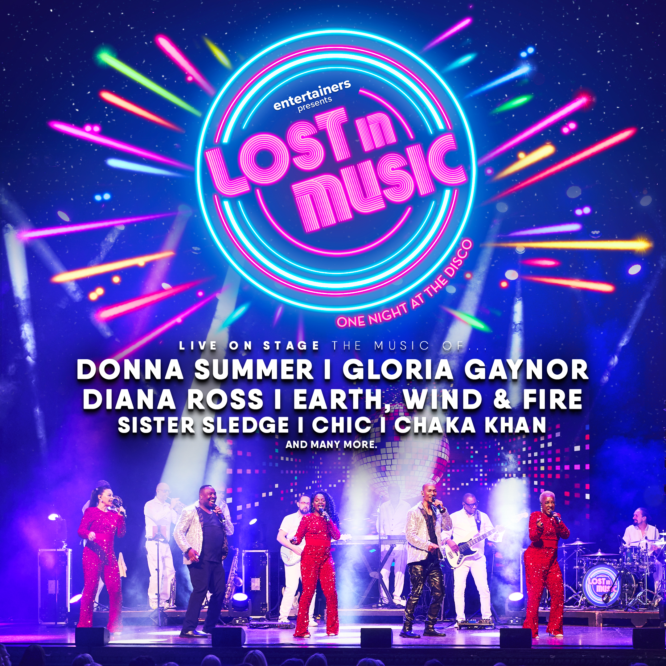 Lost In Music square image. Logo and cast on stage