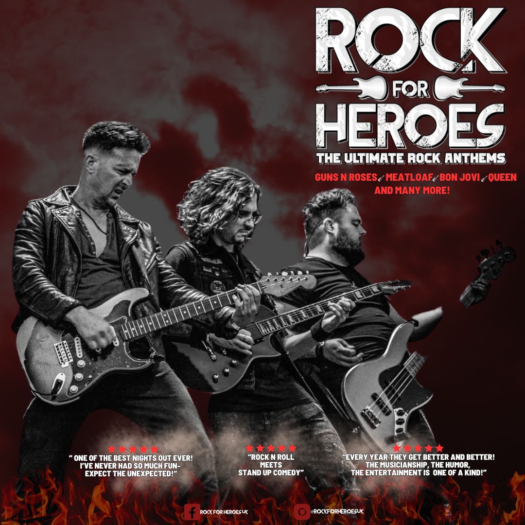 Rock for heroes graphic - 3 men playing guitar