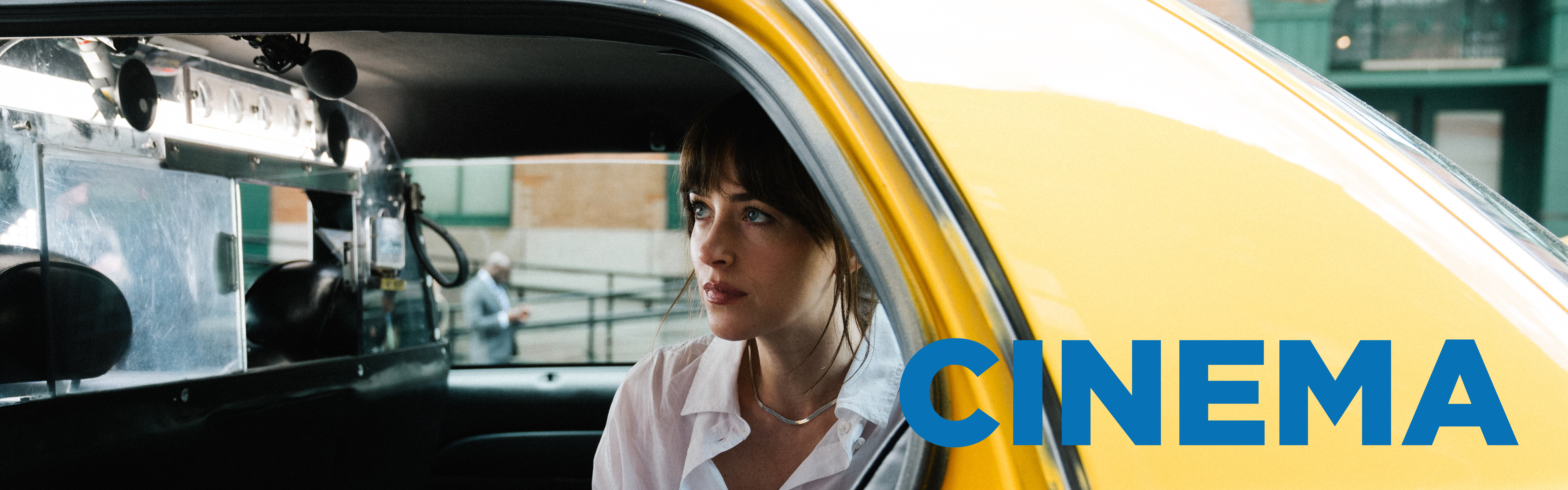 Cinema Banner, woman sat in yellow taxi with blue text reading 'cinema'